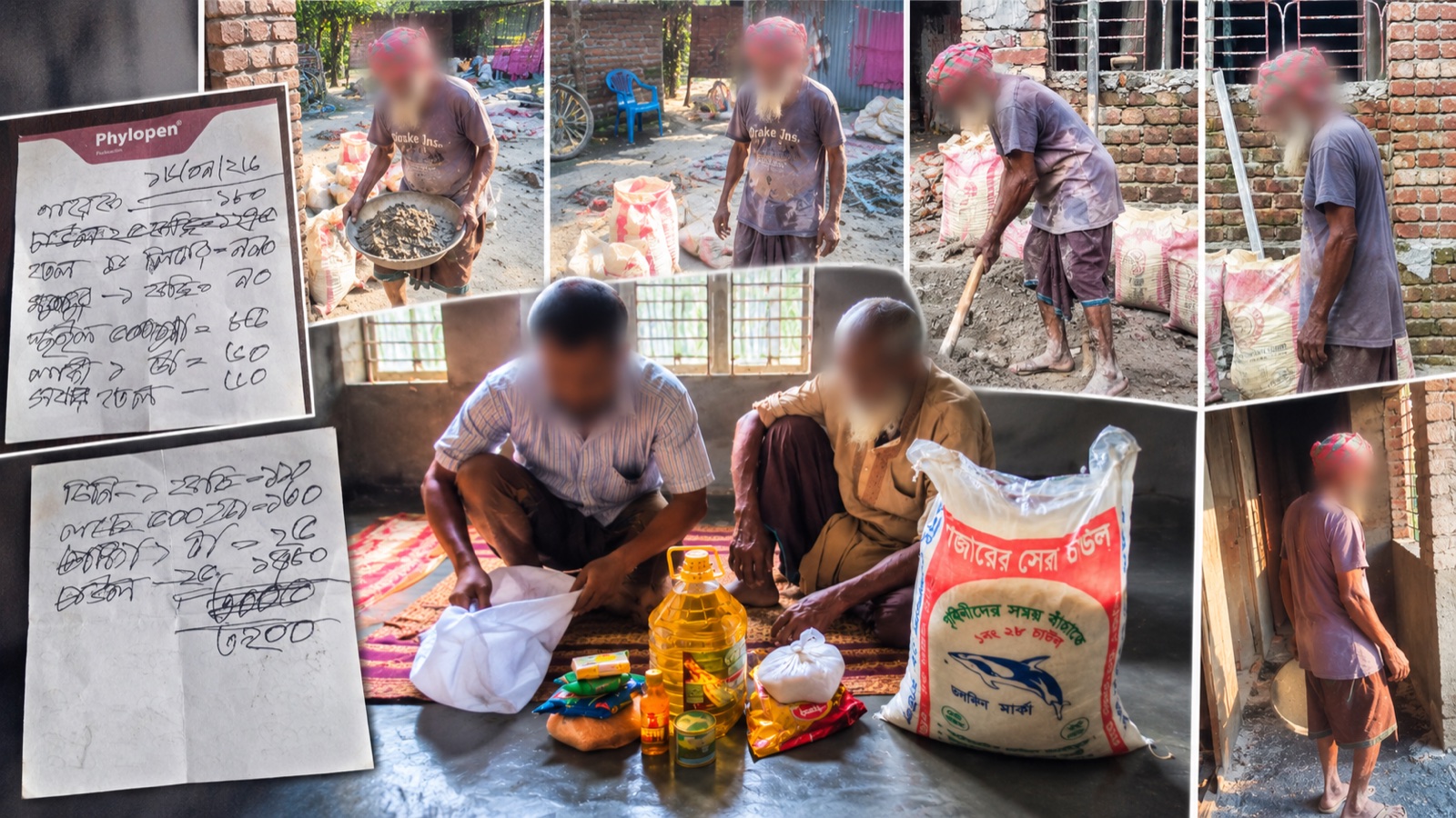 Collage showing project supplies, handwritten documentation, and the elderly worker at work; faces are blurred for privacy.