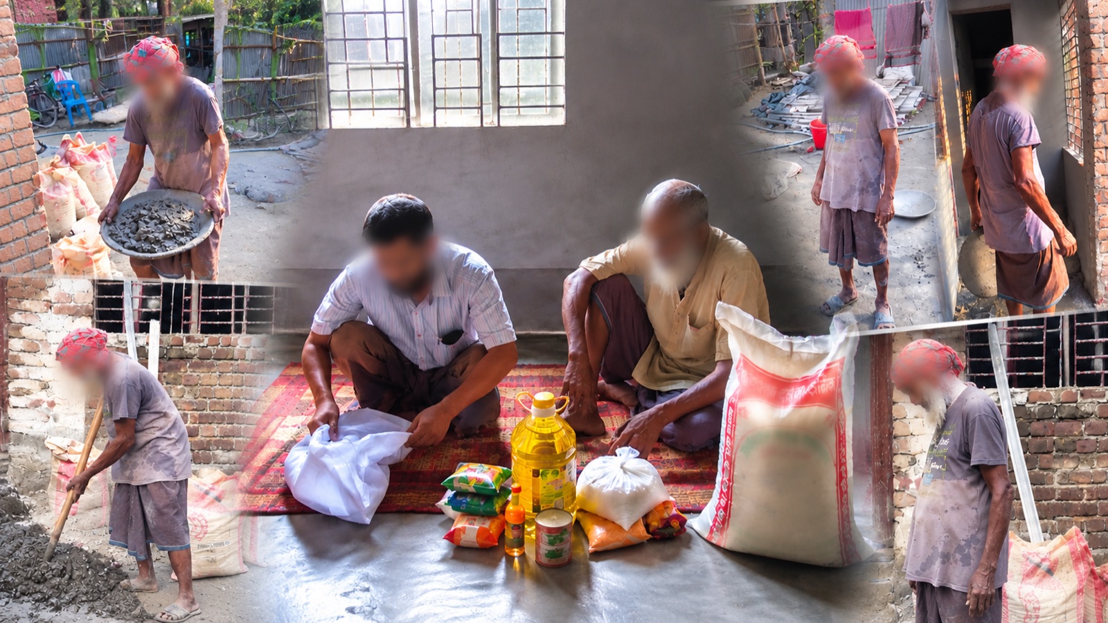 Collage showing an elderly construction worker at work and receiving grocery assistance; faces are blurred for privacy.