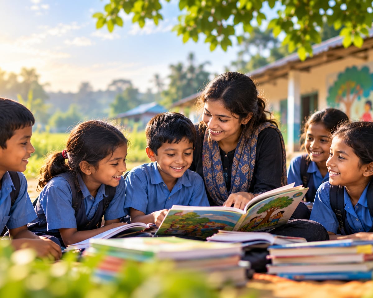 An educator reads a picture book with five schoolchildren outdoors.