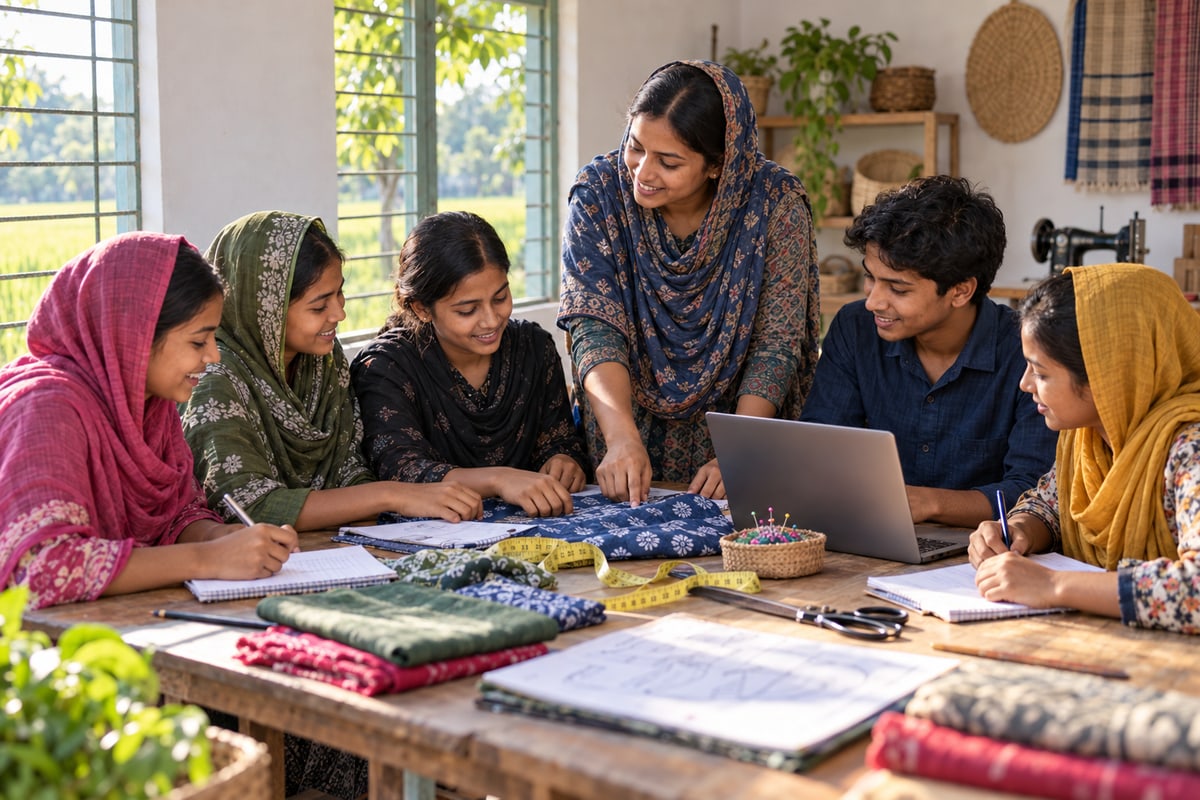 Women and young adults collaborate in a practical community skills workshop.