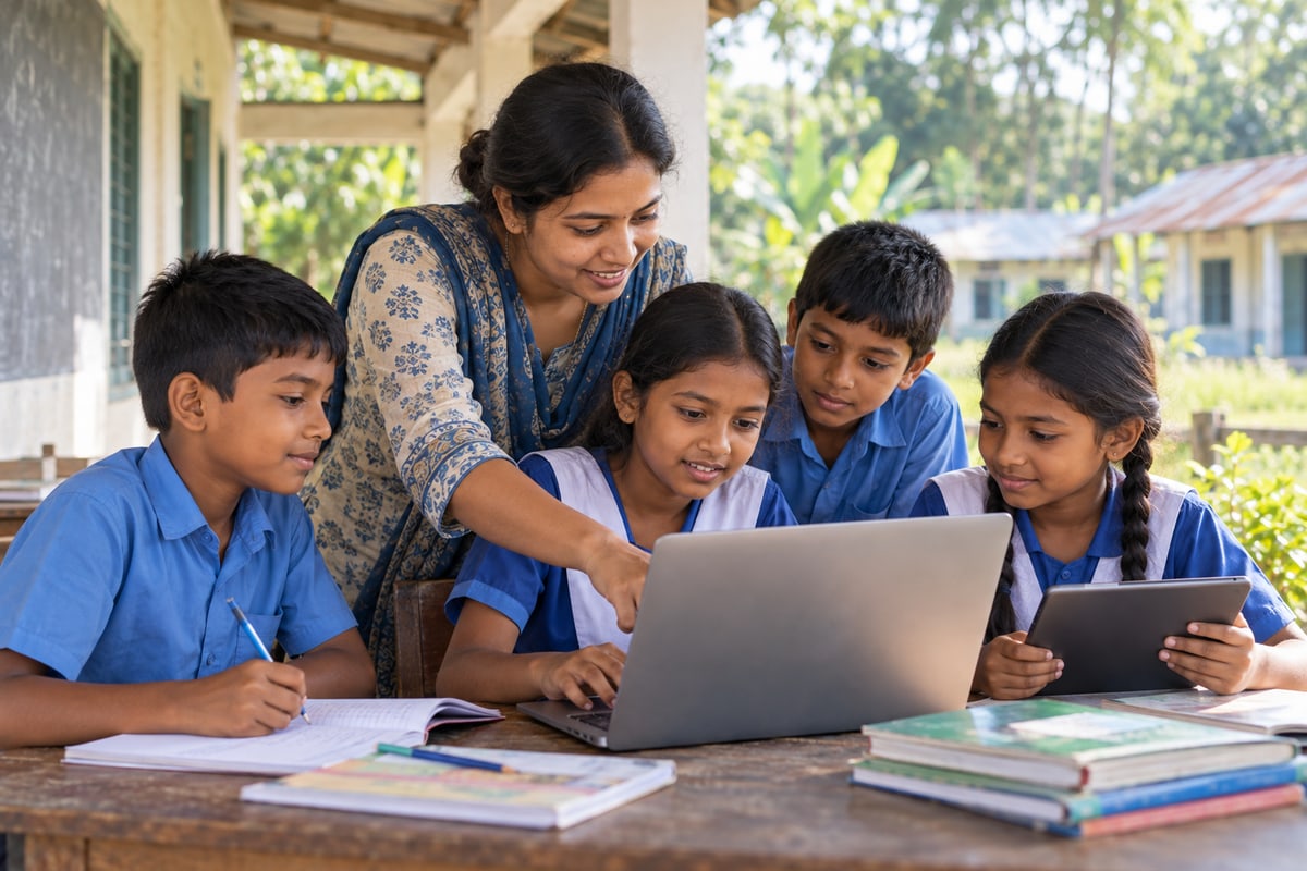 A teacher helps schoolchildren use a laptop and books in a bright rural learning space.