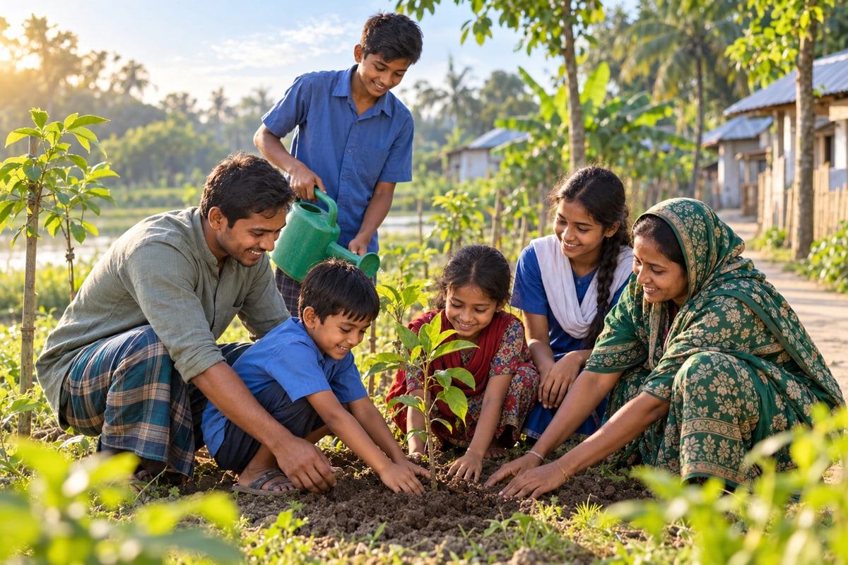 Young people and community members plant trees together in a green village space.