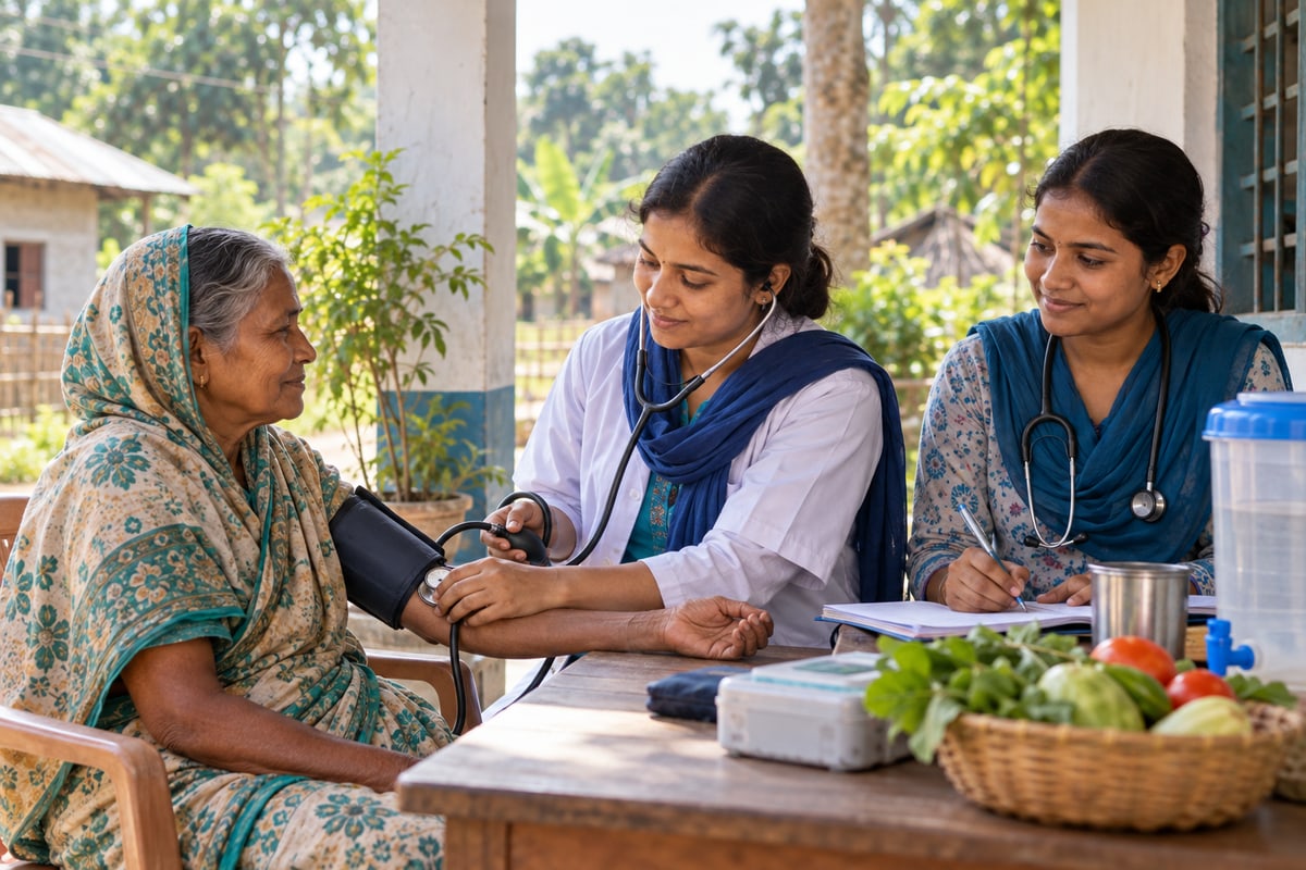 A community health worker gives a respectful checkup to a woman in rural Bangladesh.