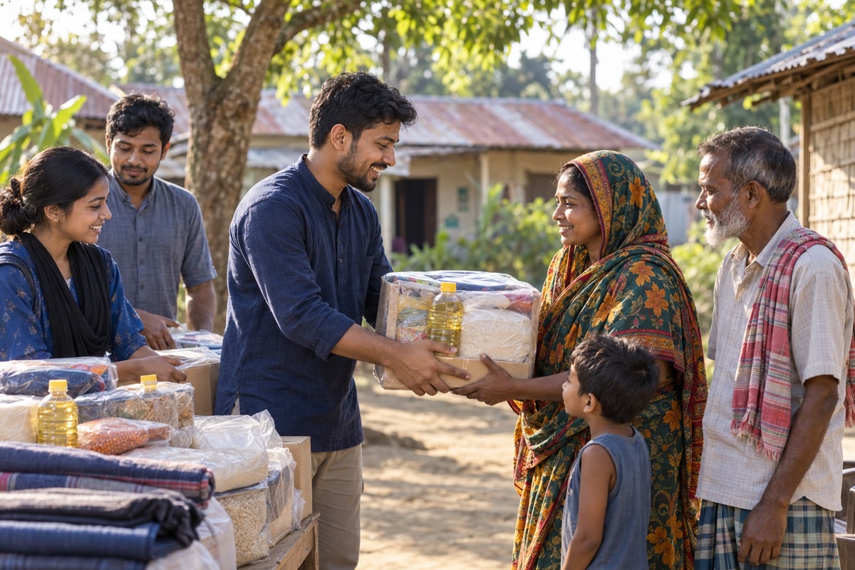 Volunteers respectfully prepare food and essential supplies for local families.
