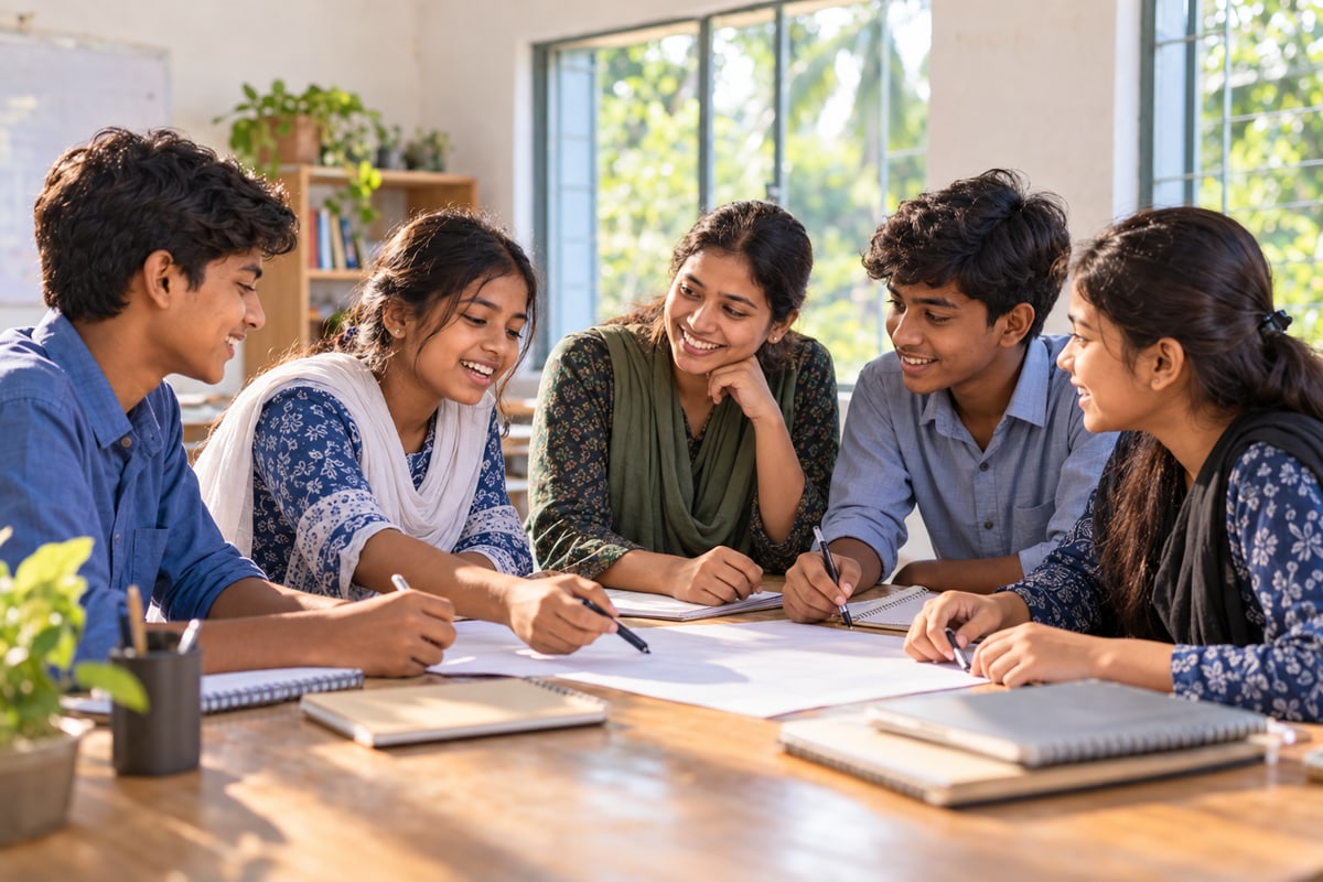 Teenagers collaborate with a mentor during a youth leadership workshop.
